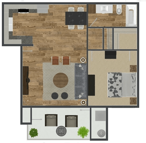 Floor plan for 1 bed, 1 bath, 751 sqft